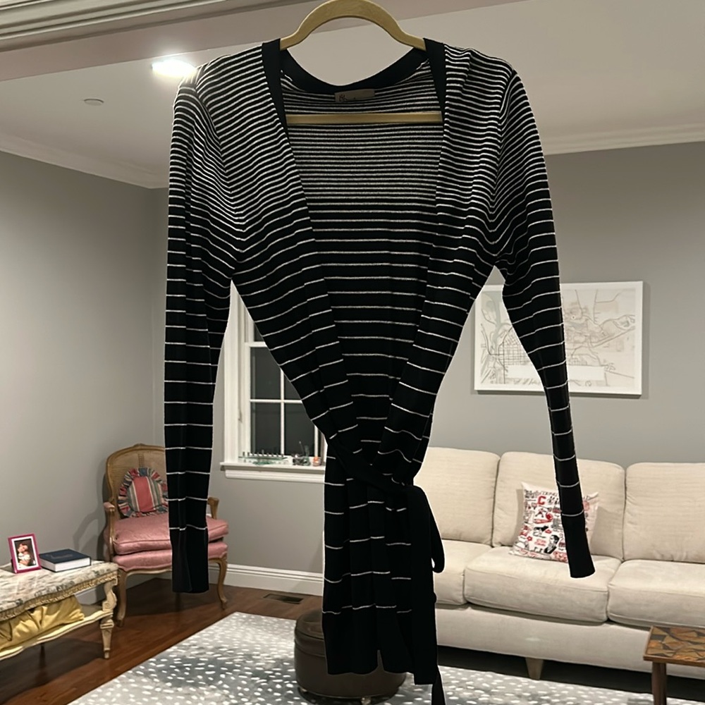 Black and white striped cardigan with tie belt